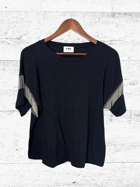 LNA Black Boxy Embellished Short Sleeve Tee